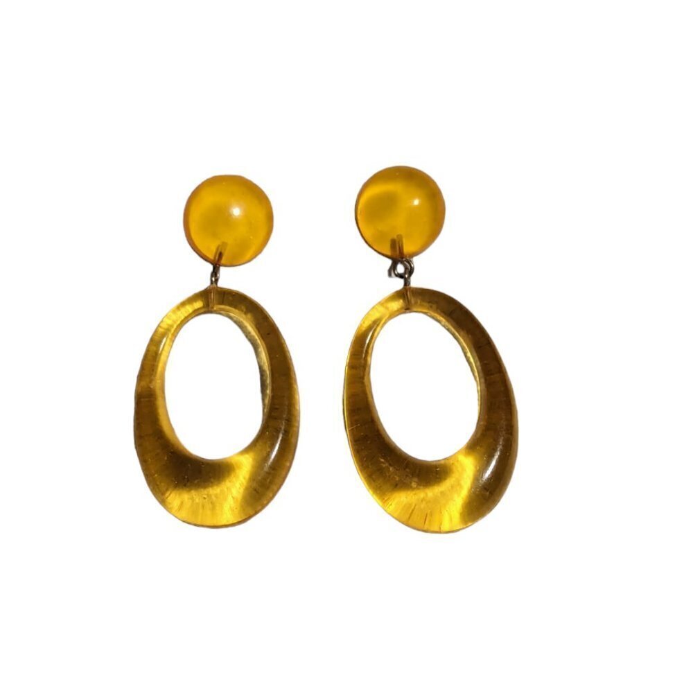 Vintage MCM Lucite Earrings‎ Drop Post Dangle Round Orange Yellow Mod